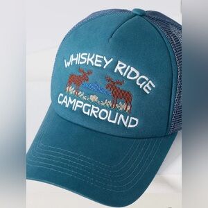 Anthropologie Camping Trucker Hat Embroidered Campground Teal Moose